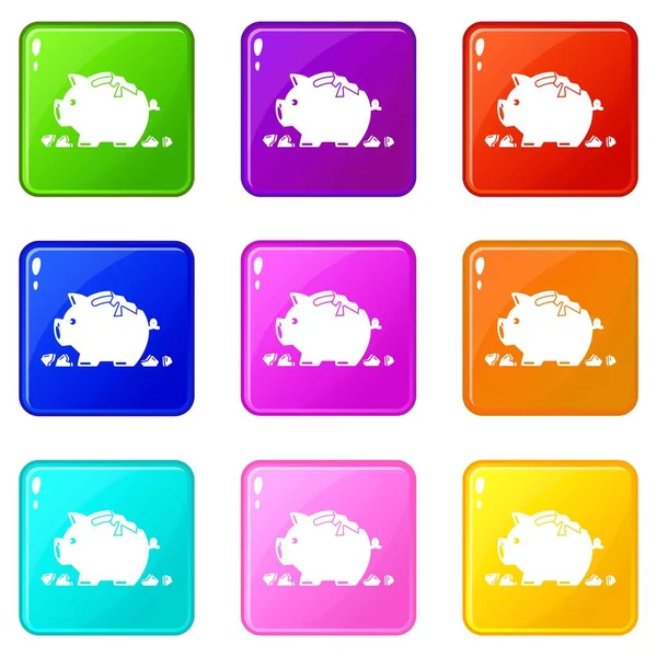 Gebroken Piggy Bank icons set 9 kleur collectie — Stockvector