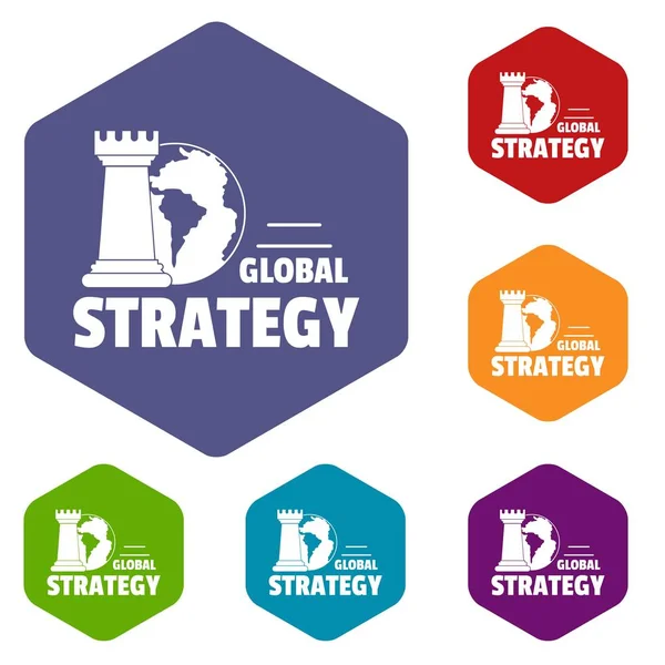 Icônes de stratégie globale vecteur hexaèdre — Image vectorielle