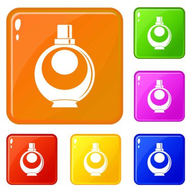 Zarif kadın parfüm yuvarlak cam şişe simgeleri vektör renk seti