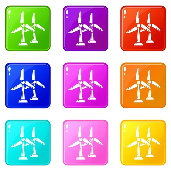 Ícones da estação eólica conjunto 9 coleção de cores — Vetor de Stock