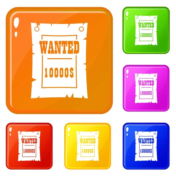 Vintage wanted poster icons set vector color — Stock Vector