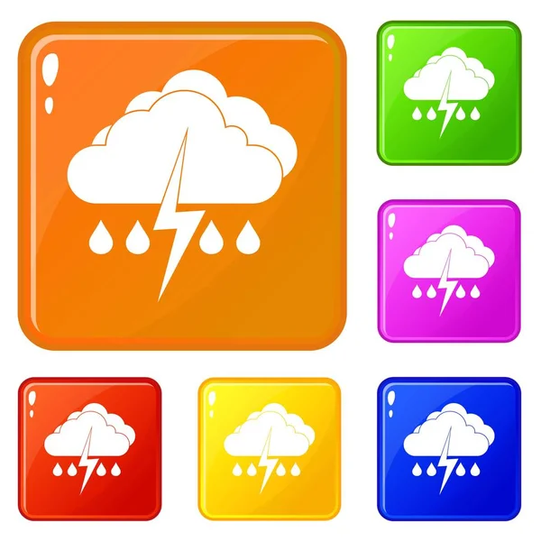 Mrak s bleskem a dešťovými ikonami nastavuje vektorovou barvu — Stockový vektor