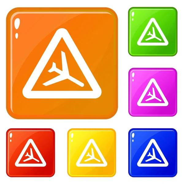 Warning sign of low flying aircraft icons set vector color — Stock vektor