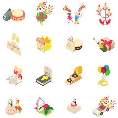 Düğün Icons set, izometrik stili