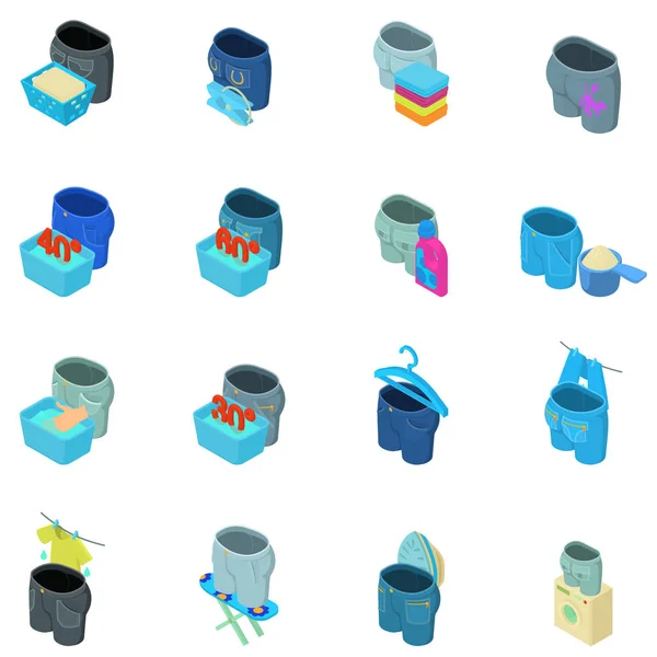 Washing jeans icons set, isometric style — Stock Vector