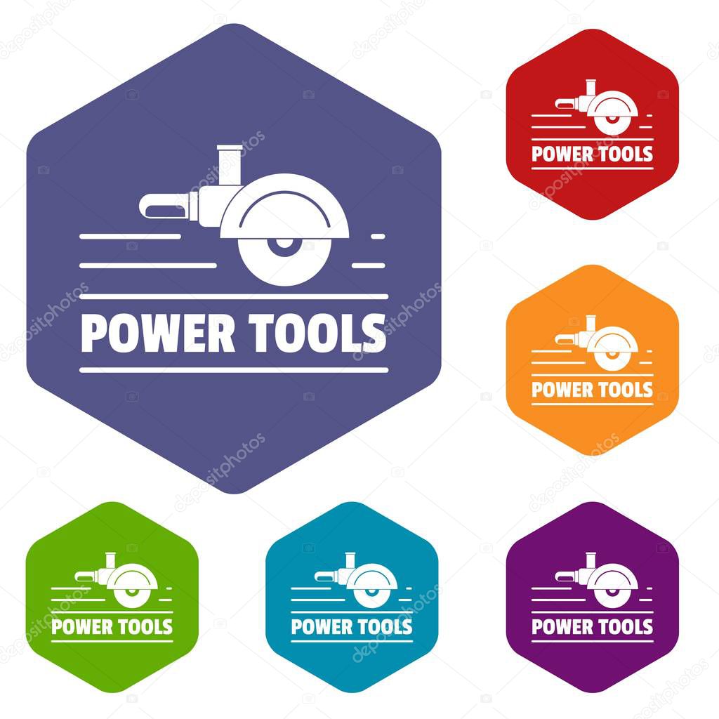 Power tool metal icons vector colorful hexahedron set collection isolated on white