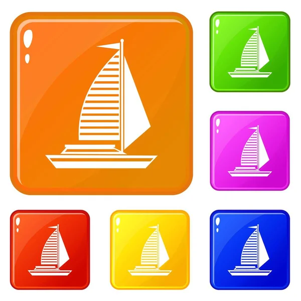 Yacht avec voiles icônes définir la couleur vectorielle — Image vectorielle