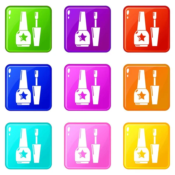 Juego de iconos de esmalte de uñas 9 colección de colores — Vector de stock