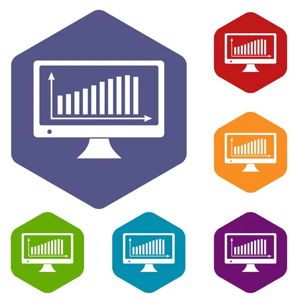 Gráfico no monitor ícones vetor hexaedro — Vetor de Stock