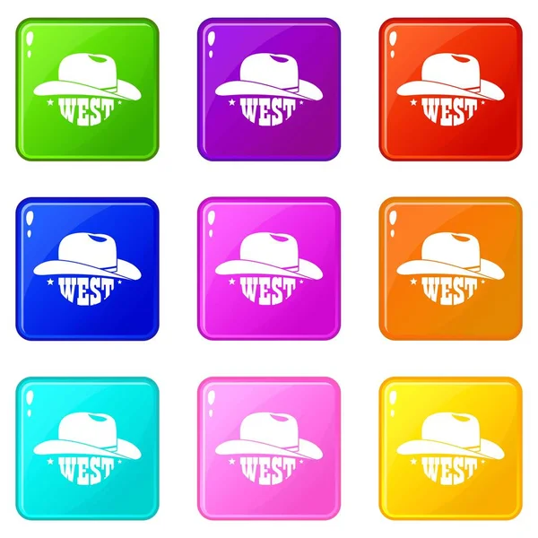 Дикі піктограми західного ковбойського капелюха встановили 9 кольорову колекцію — стоковий вектор