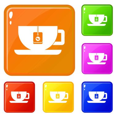 Çay poşeti simgeleri ile çay fincan vektör renk ayarlayın