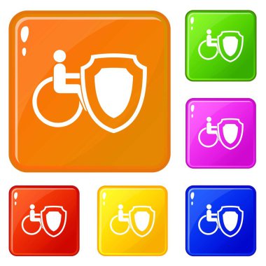 Tekerlekli sandalye ve güvenlik kalkanı simgeleri vektör rengini ayarlayın