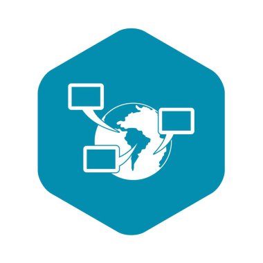 Dünya gezegen ve konuşma kabarcıklar simgesi, basit tarzı