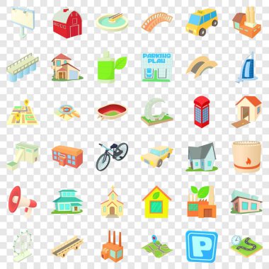 Şehir merkezindeki Icons set, karikatür tarzı