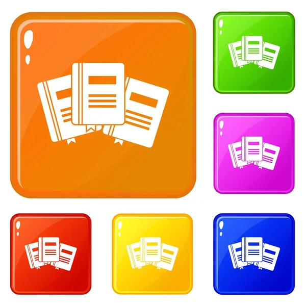 Three books with bookmarks icons set vector color — Stock Vector