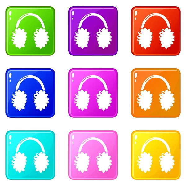 Fones de ouvido de inverno conjunto de ícones 9 coleção de cores — Vetor de Stock