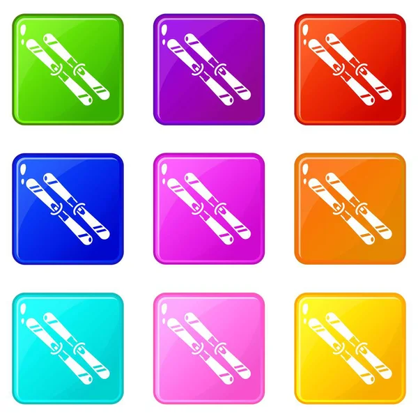 Esquí iconos conjunto 9 colección de colores — Vector de stock