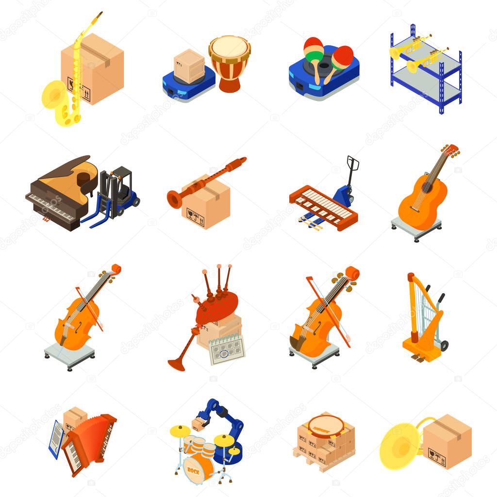 Delivery musical instrument icons set, isometric style
