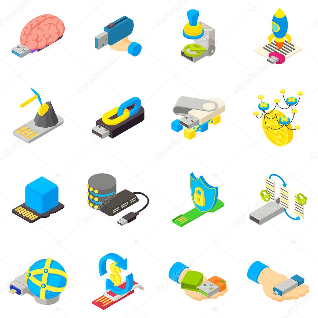 Cyber memory icons set, isometric style