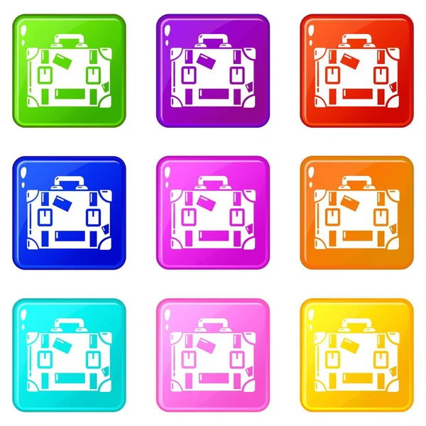 Juego de iconos de maleta de viaje 9 colección de colores — Vector de stock