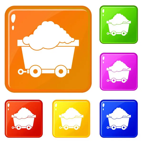 Cart on wheels with coal icons set vector color — Stock Vector