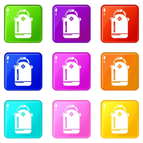 Rucksack schulmädchen symbole set 9 farbkollektion — Stockvektor
