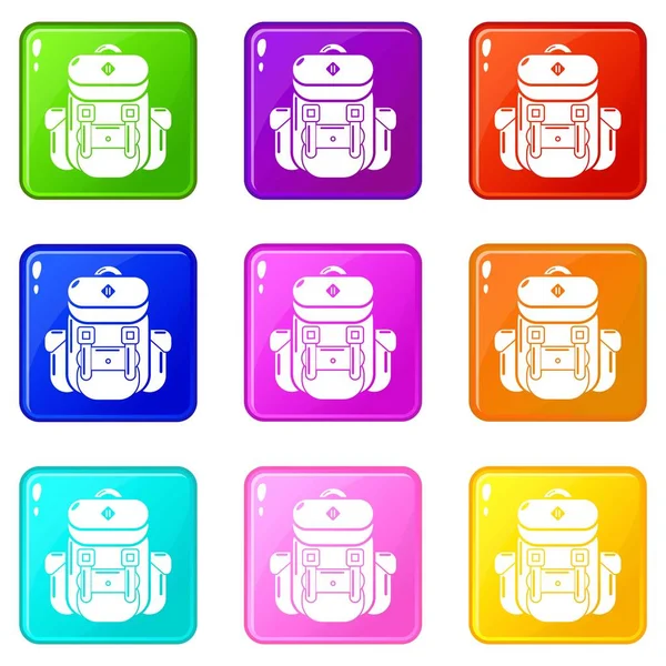 Conjunto de iconos de turismo mochila 9 colección de colores — Vector de stock