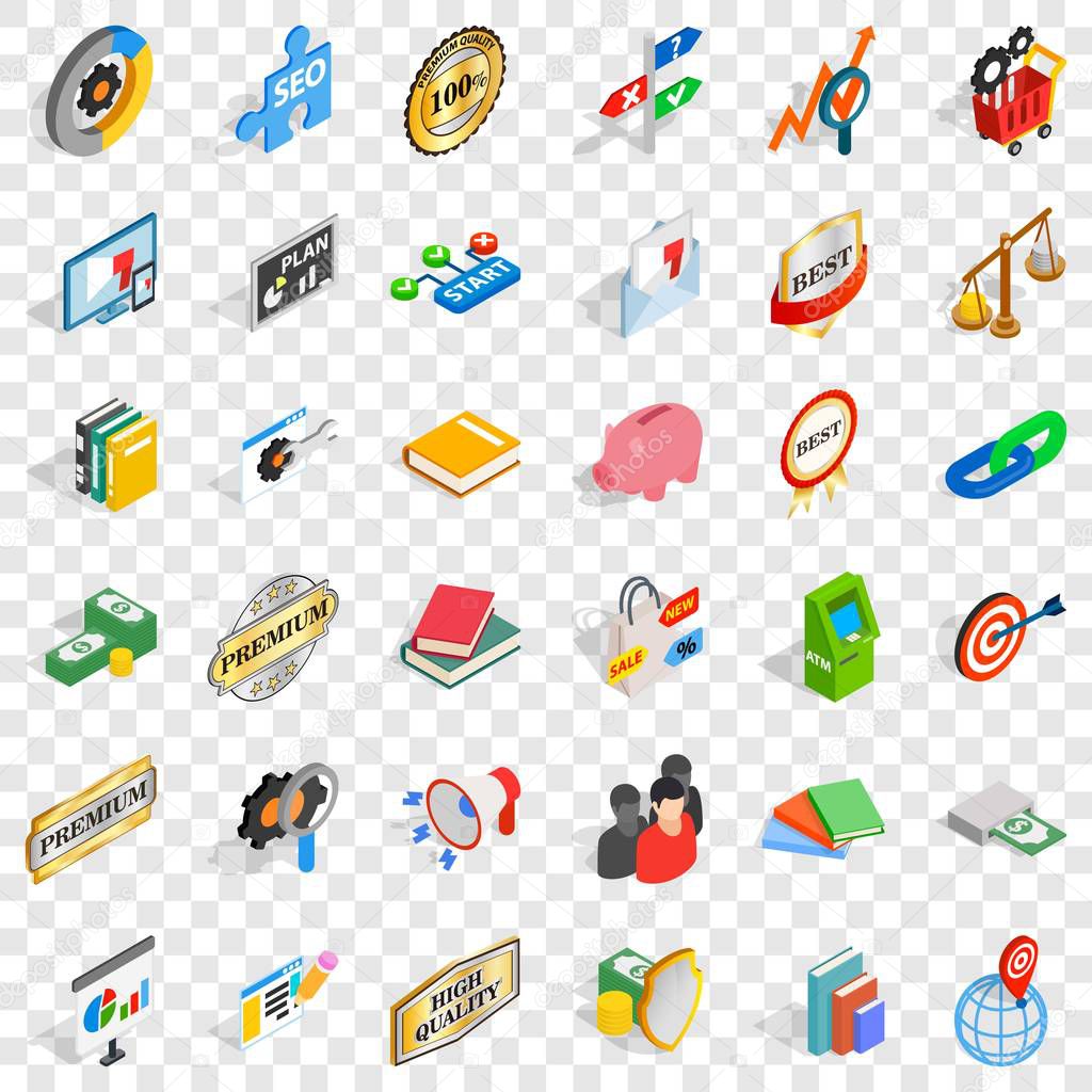 Atm icons set. Isometric style of 36 atm vector icons for web for any design