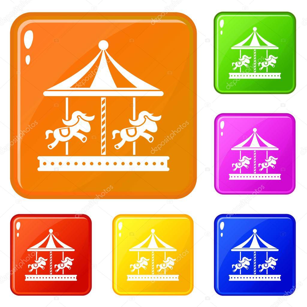 Merry go round horse ride icons set vector color