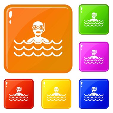 Scuba simgeleri ile adam vektör renk seti