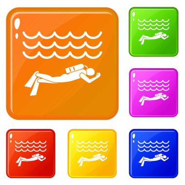 Scuba Diver adam dalış takım simgeleri set vektör renk