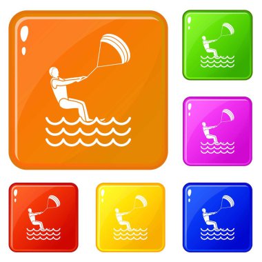 Adam uçurtma sörfü simgeleri set vektör renk parçası alır