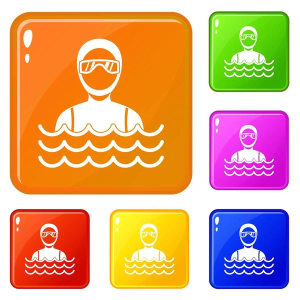 Plongeur homme en combinaison de plongée icônes définir la couleur vectorielle — Image vectorielle