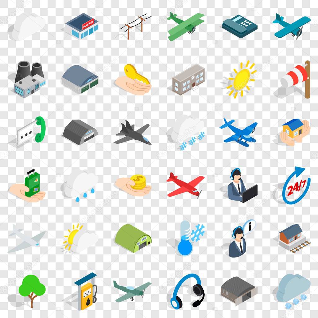 Flight icons set. Isometric style of 36 flight vector icons for web for any design