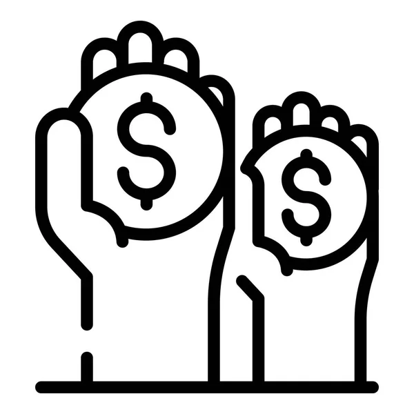 Crowdfunding coin in hand icon, outline style — Stock Vector