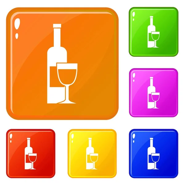 Botella de vino e iconos de vidrio set vector de color — Vector de stock