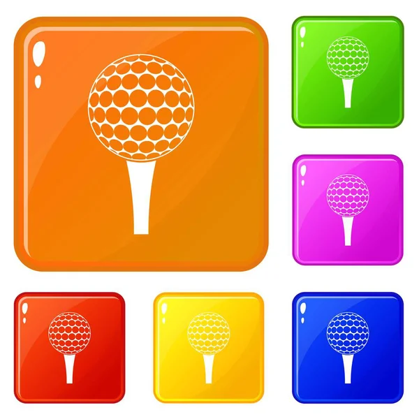 Pelota de golf en un tee iconos de color vector conjunto — Archivo Imágenes Vectoriales