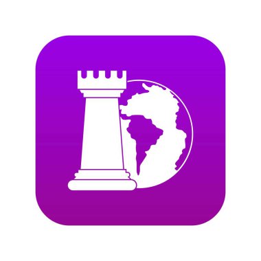 Dünya gezegeni ve satranç kale simgesi dijital mor