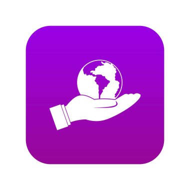 Dünya gezegeni insan el simgesi dijital mor