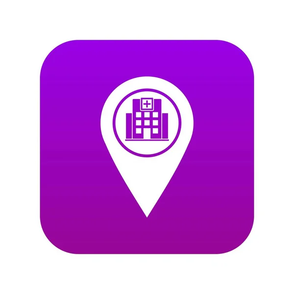 Etiqueta geográfica com ícone de edifício hospitalar roxo digital — Vetor de Stock