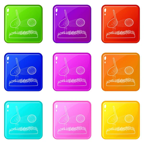 Hit iconos de pelota de golf conjunto 9 colección de colores — Vector de stock