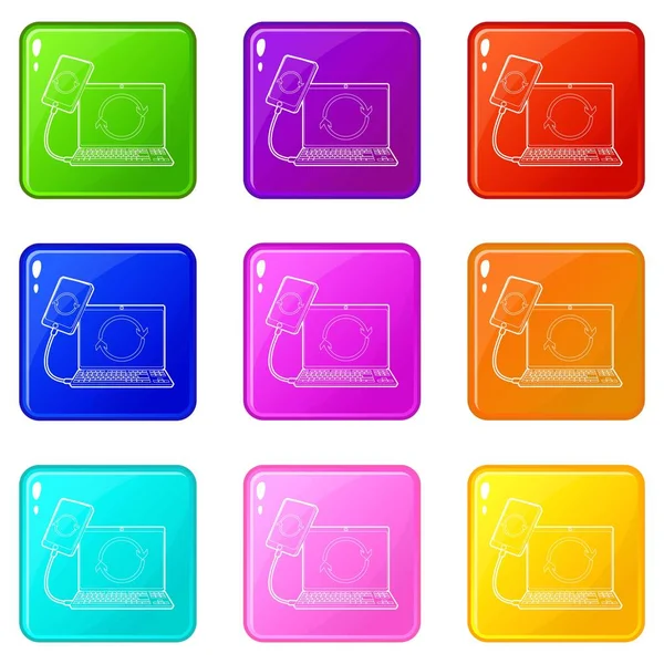 Gadgets synchronized operation icons set 9 color collection — Stock Vector