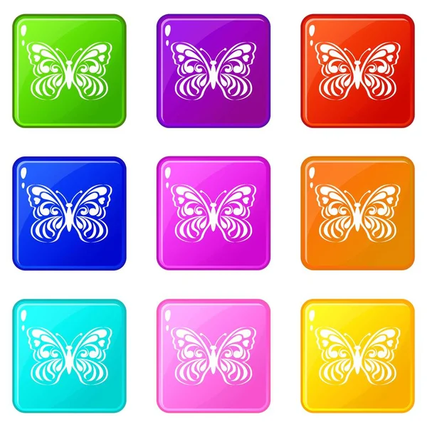 Schmetterling mit abstrakten Mustern auf Flügeln Symbole Set 9 Farbkollektion — Stockvektor