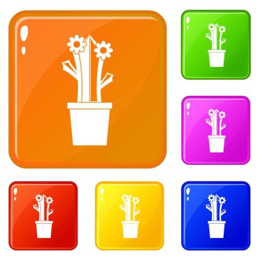 Çiçekli kaktüs simgeler vektör renk seti