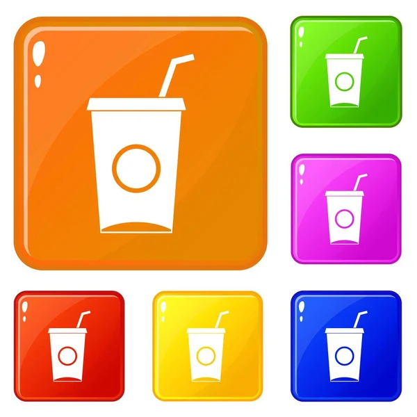 Refresco en papel taza iconos conjunto vector de color — Vector de stock