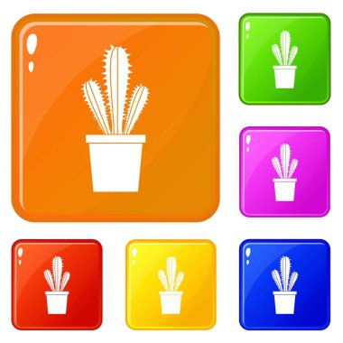Çiçek pot simgeler kaktüs vektör renk ayarlamak