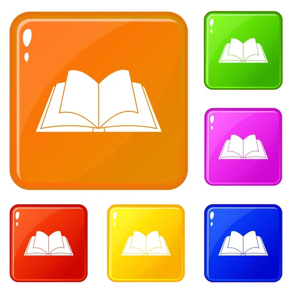 Geopende boek met pagina's fladderende icons set vector kleur — Stockvector