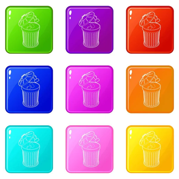 Retomar jogado fora na lata de lixo ícones definir 9 coleção de cores — Vetor de Stock
