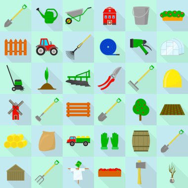 Tarım ekipmanları simgeleri seti, düz stil