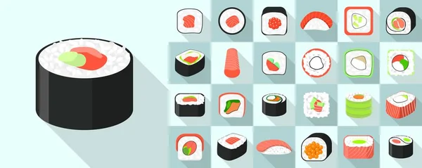 Sushi gulungan ikon diset, gaya datar - Stok Vektor